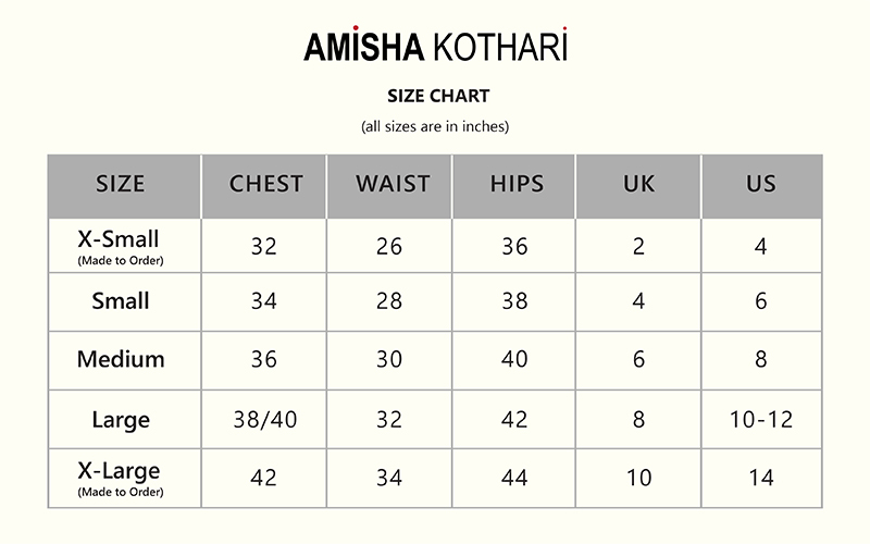 amisha kothari label size chart